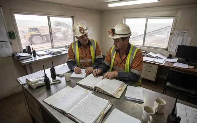 A cluttered site safety office desk covered with paper incident forms and clipboards