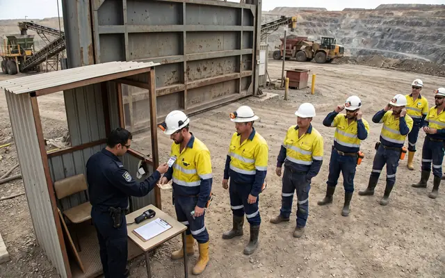 A crowded site entrance at shift start with many workers entering at once