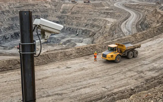 A single worker isolated in a remote corner of a large industrial site at dusk