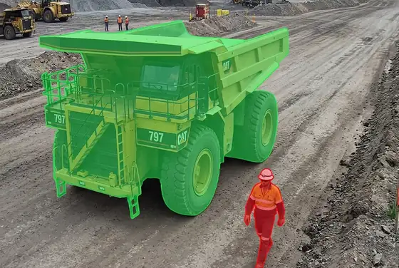 AI segmentation flagging haul-truck and pedestrian proximity