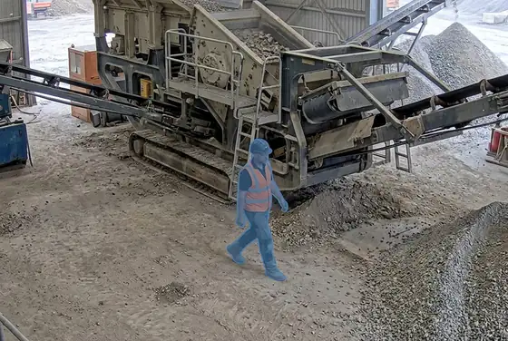 AI segmentation flagging a worker without hearing protection near a crusher