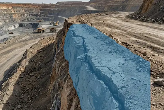 AI segmentation flagging a tension crack across a pit bench crest