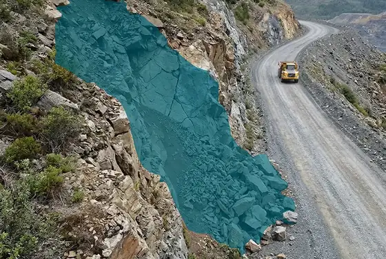 AI segmentation flagging loose rockfall above a haul road