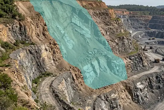 AI segmentation flagging visible slope movement on a highwall