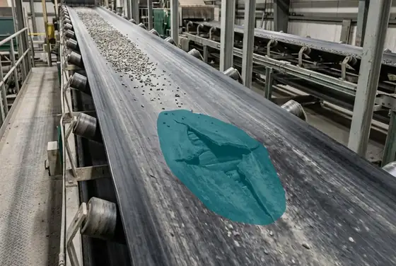 AI segmentation flagging a tear on a long conveyor belt