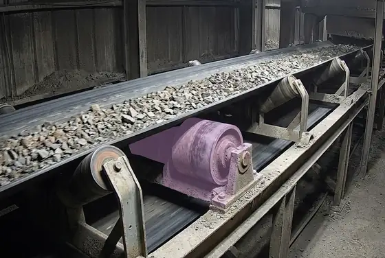 AI segmentation flagging a seized idler roller on a conveyor