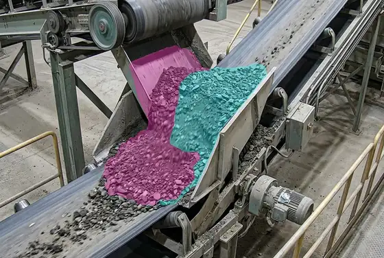 AI segmentation flagging material jammed at a transfer point