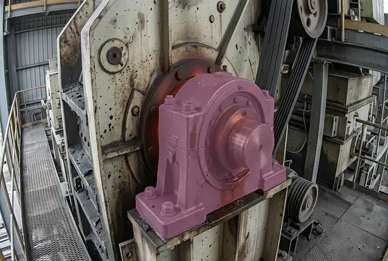 AI segmentation flagging glowing heat on an overheated crusher bearing