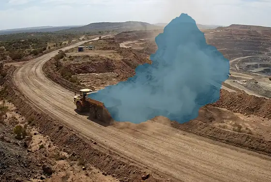 AI segmentation flagging a dust plume rising from a haul road