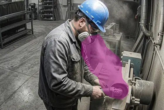 AI segmentation flagging dust crossing a worker breathing zone