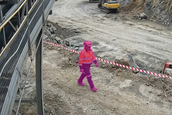 AI segmentation flagging a person entering an active blast exclusion zone