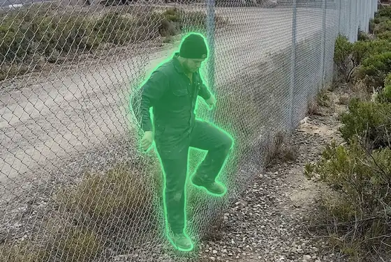 AI segmentation flagging a breach in the mine perimeter fence