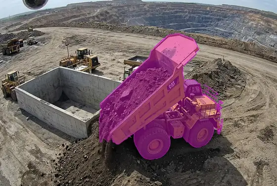 AI segmentation flagging a haul truck dumping outside the dump-box boundary