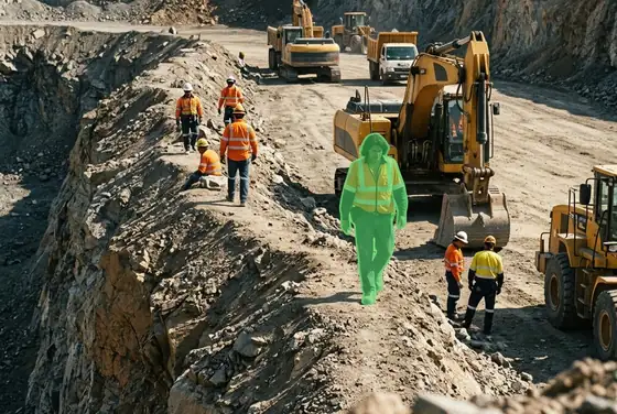 AI segmentation flagging a miner on the bench without a hard hat