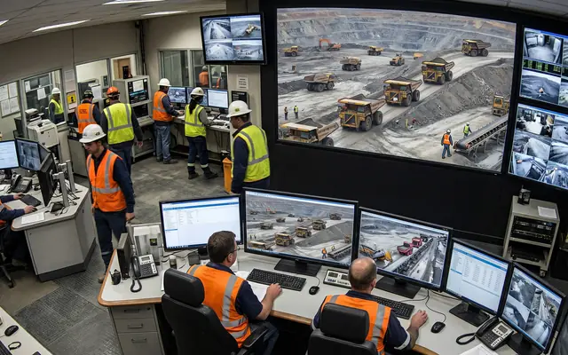 Workers on a site each outlined by a translucent segmentation mask following their silhouette