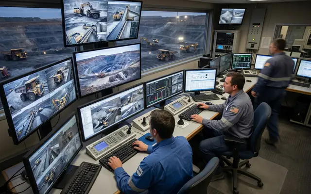 Operators in a modern safety control room verifying alerts on a video wall