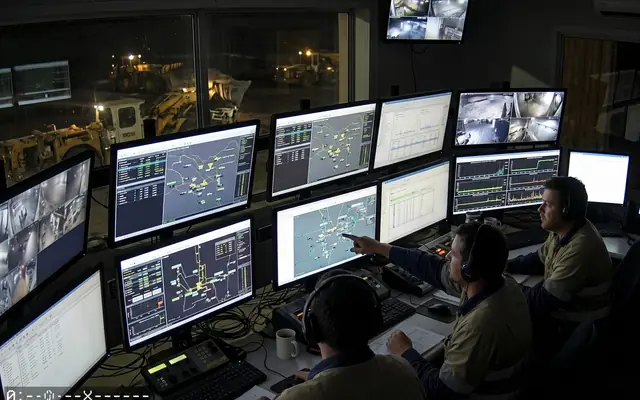 A wall monitor showing a live safety operations dashboard with charts and camera tiles
