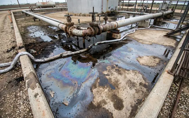 An oil and water spill spreading across a concrete factory floor
