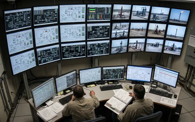A control room with one operator facing a large wall of many CCTV feeds