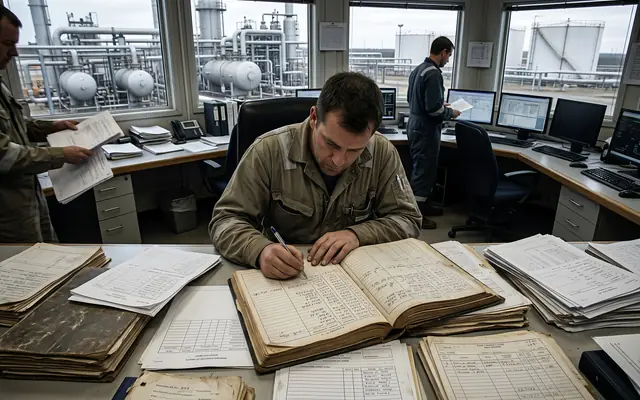 A cluttered site safety office desk covered with paper incident forms and clipboards