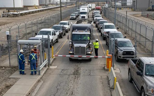 A crowded site entrance at shift start with many workers entering at once