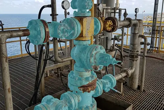 AI segmentation mask highlighting external corrosion on a wellhead Christmas tree