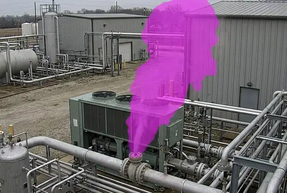 AI segmentation mask highlighting a methane vapor cloud from a compressor station
