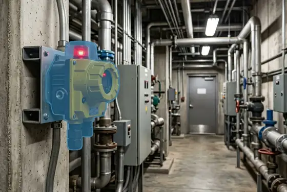 AI segmentation mask highlighting a fixed LEL gas detector in alarm state