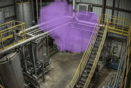 AI segmentation mask highlighting an ambient gas buildup inside a process building