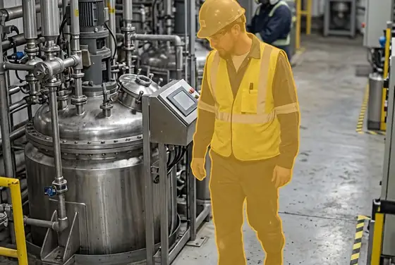 AI segmentation mask flagging a worker without a full-face gas respirator