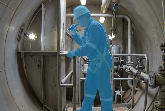 AI segmentation mask highlighting a worker inside a separator vessel