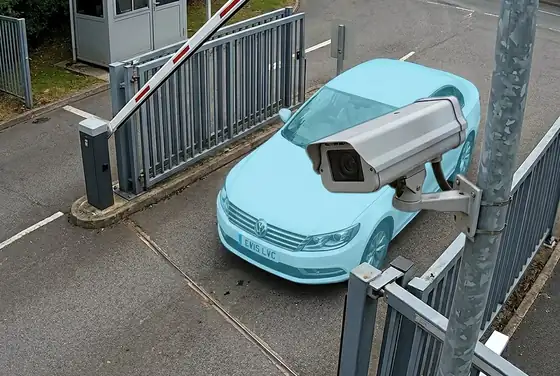 AI segmentation mask highlighting an ANPR camera reading a plate at a site gate