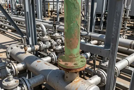 AI segmentation mask highlighting a corroded riser on a gathering manifold
