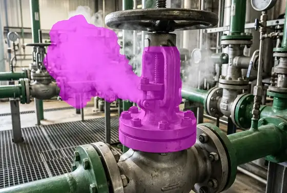 AI segmentation mask highlighting a valve stem packing leak