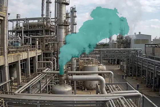 AI segmentation mask highlighting a steam venting plume at a processing unit
