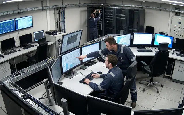 A worker with a glowing skeletal pose-estimation overlay analysing their posture