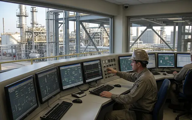 Operators in a modern safety control room verifying alerts on a video wall