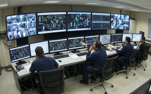 A wall monitor showing a live safety operations dashboard with charts and camera tiles