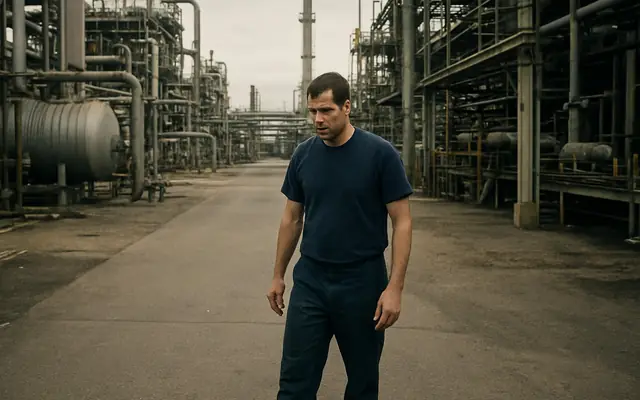 A worker without a flame-resistant coverall standing near hot process equipment