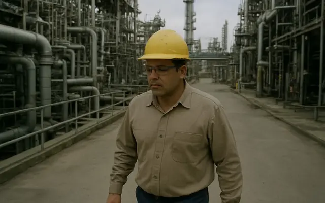 A worker without a full-face respirator near a chemical loading arm