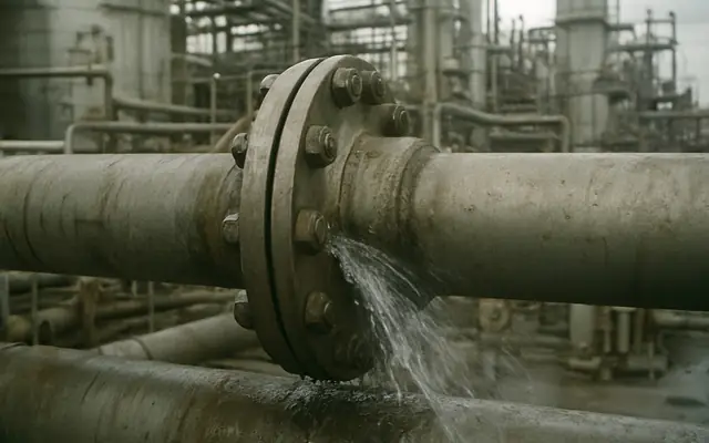 A visible hydrocarbon leak at a flanged pipe joint in a process unit