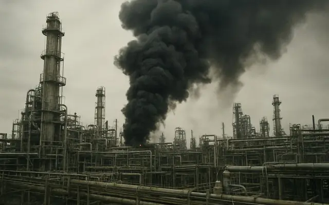 A dark smoke plume drifting from a process unit under abnormal conditions