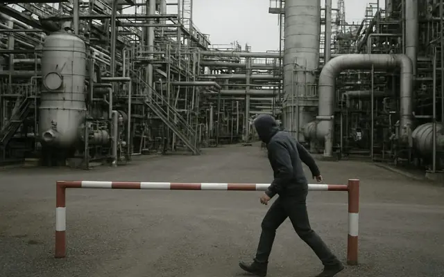A worker crossing a barrier into a restricted hot-process area