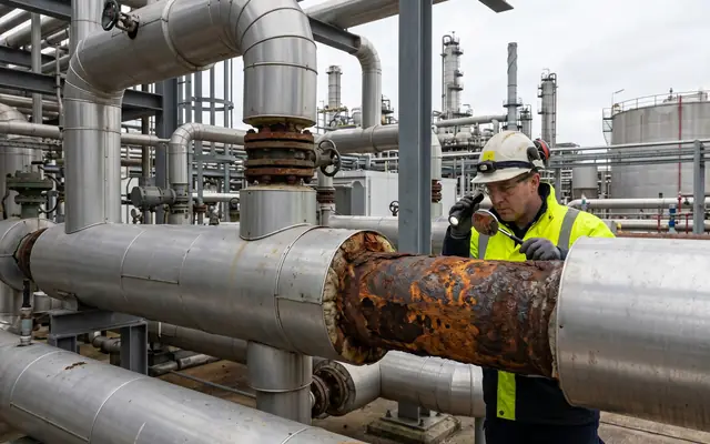External corrosion under pipe insulation on an overhead process line