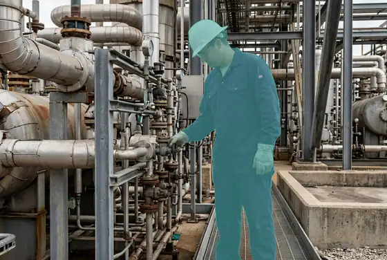 AI segmentation mask on a worker wearing a flame-resistant coverall near a process unit