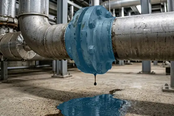 AI segmentation mask on a visible hydrocarbon drip and puddle under a flanged joint