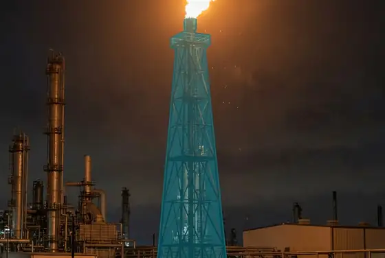 AI segmentation mask on a tall flare stack flame at a refinery