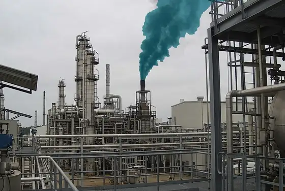 AI segmentation mask on a dark smoke plume rising from a process unit