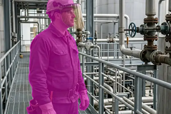 AI segmentation mask on a worker wearing a hard hat with face shield at a chemical plant