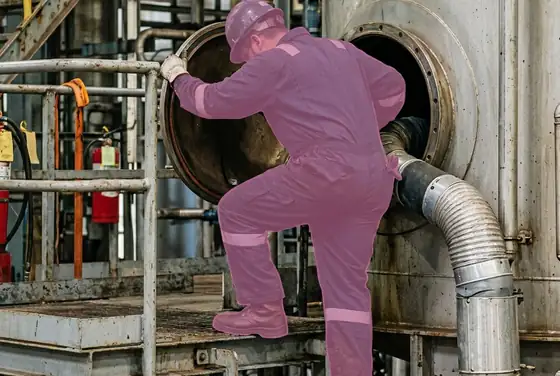 AI segmentation mask on a worker entering a vessel through a side opening
